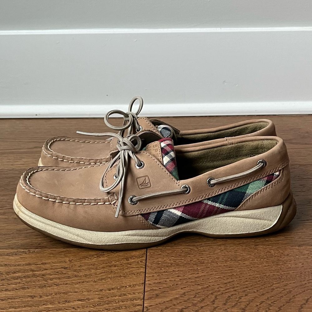 Sperry Top Sider Size 9.5 Khaki Leather Plaid Preppy Bluefish Oxford Boat Shoes - Picture 5 of 13